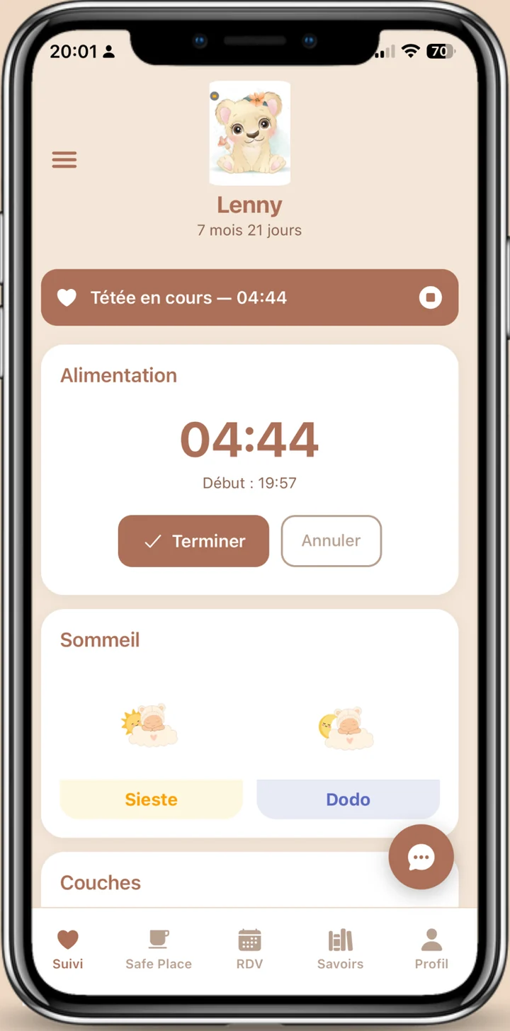 L’écran de suivi de Malo : une tétée en cours, le sommeil et les couches du jour.