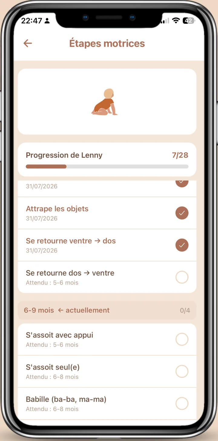 L’écran Étapes motrices de Malo.