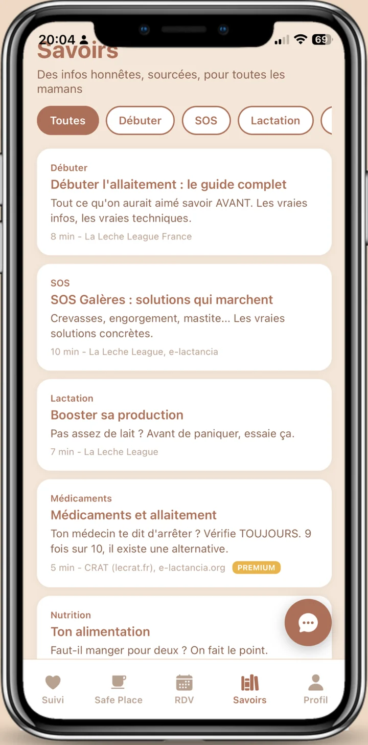 L’écran Savoirs de Malo : des articles classés par thème, chacun avec sa source et son temps de lecture.