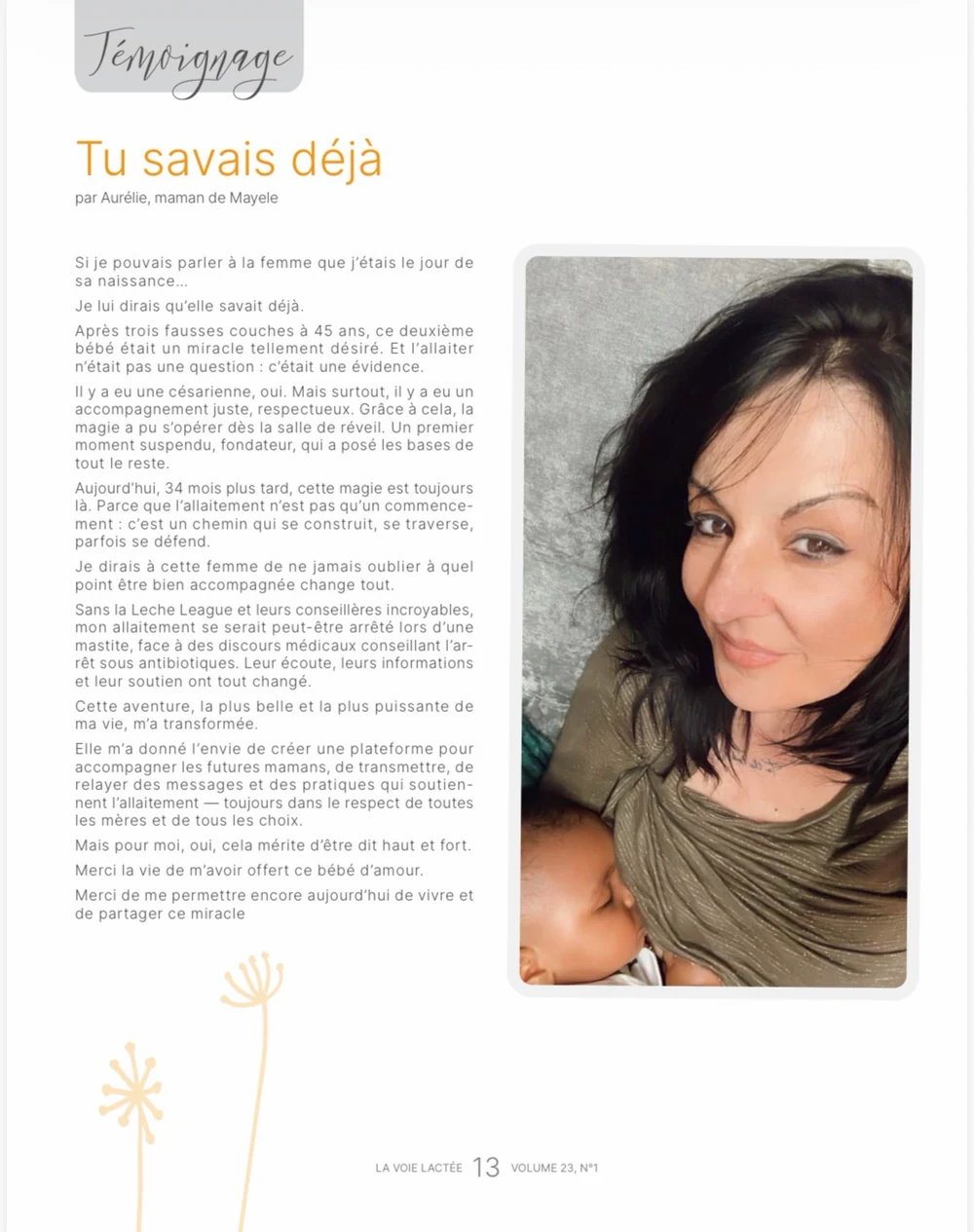 La page du témoignage d’Aurélie, « Tu savais déjà », parue dans la revue La Voie Lactée.